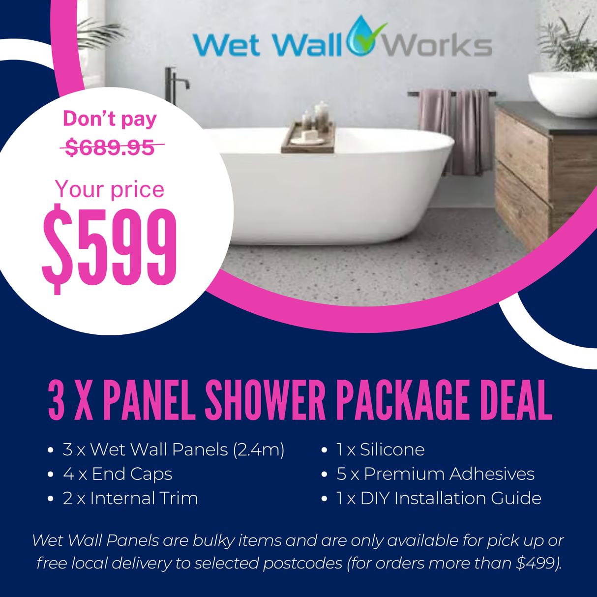 Wet Wall Panels 3 x Panel Shower Package Deal