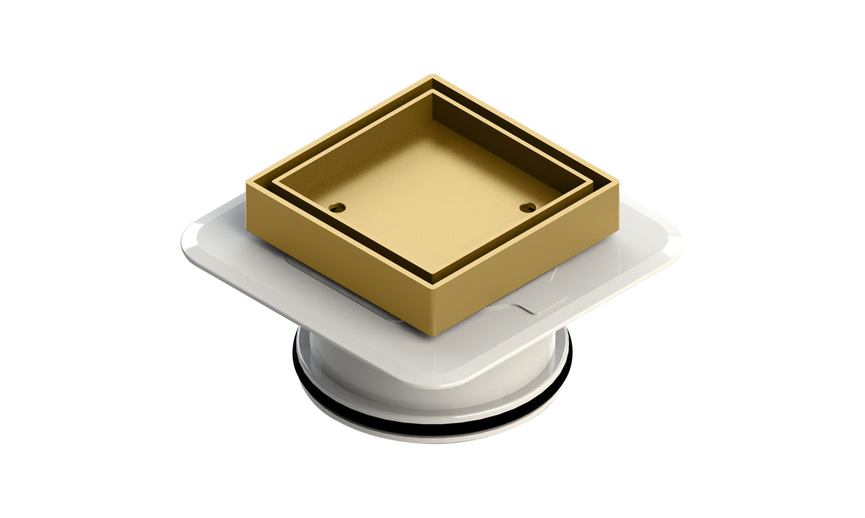 An image of Megaflex™ Square Bermuda Tile Insert waste 100x100 Polished Brass with 100mm outlet