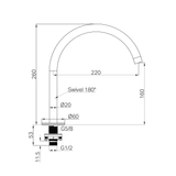 A line drawing of Nero Tapware's Serenity Bath/Kitchen Arc Spout Brushed Nickel