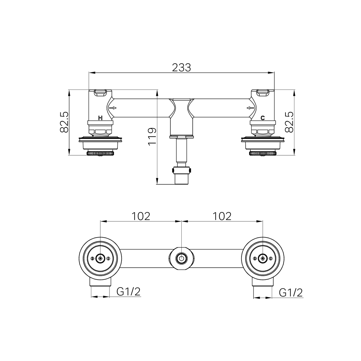 A line drawing of Nero Tapware's Serenity Wall Basin Set Body Only