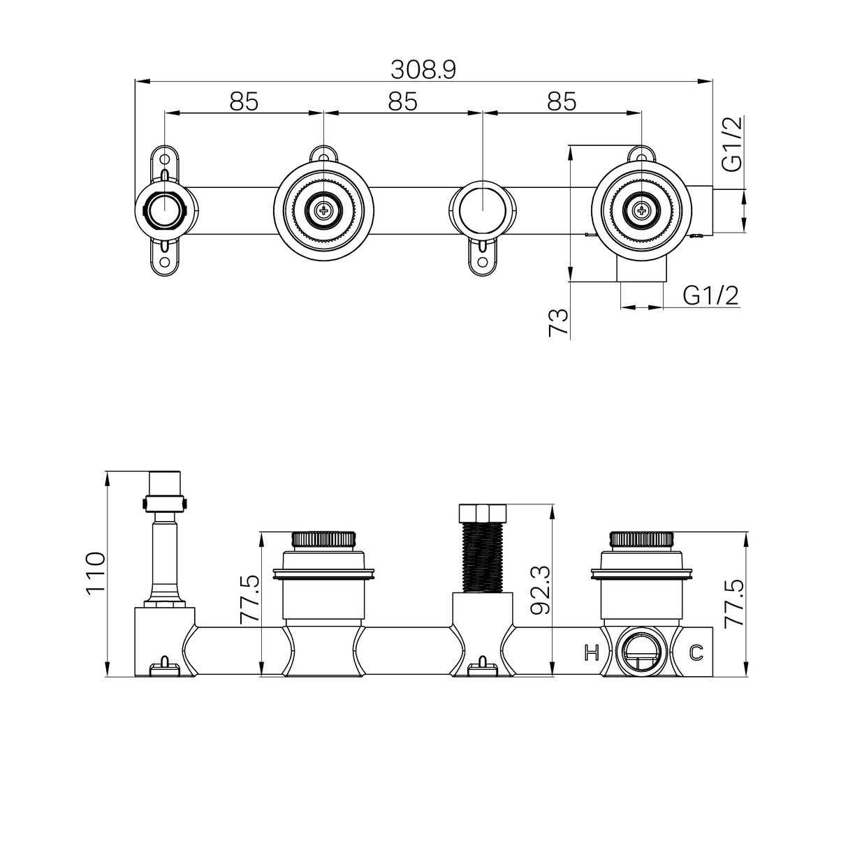 A line drawing of Nero Tapware's Serenity Shower System with Spout Body Only