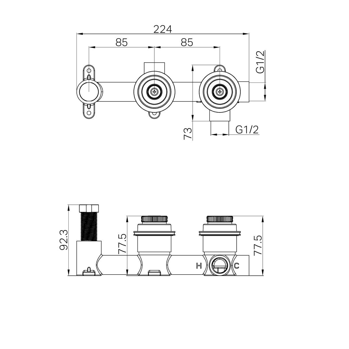 A line drawing of Nero Tapware's Serenity Shower System Body Only