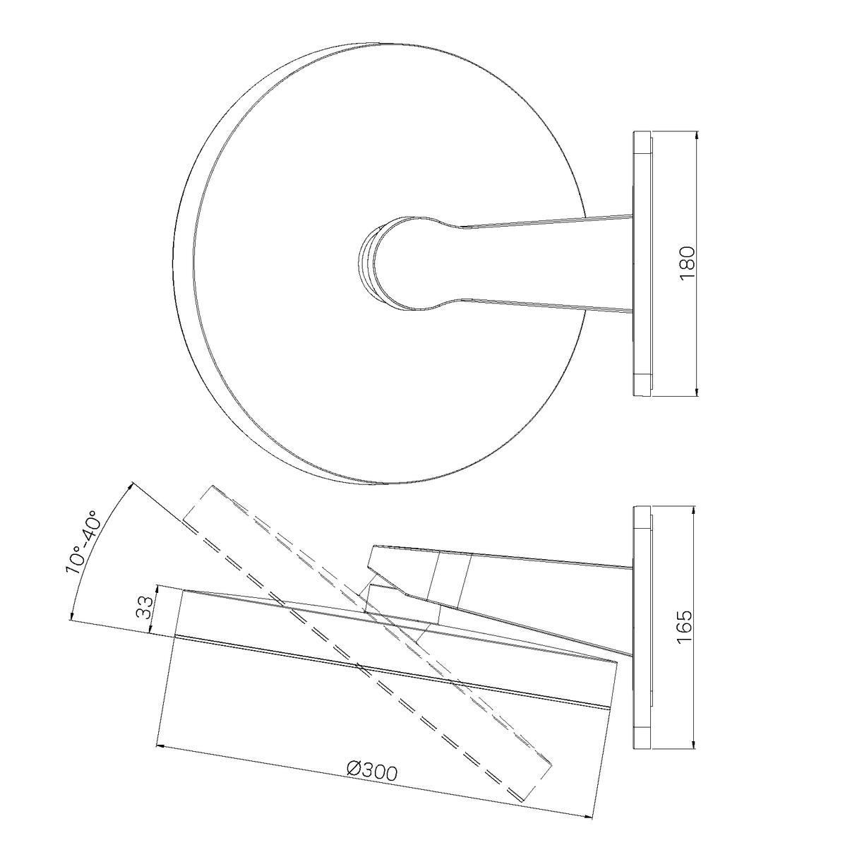 A line drawing of Nero Tapware's Serenity Wall Shower Head Gun Metal