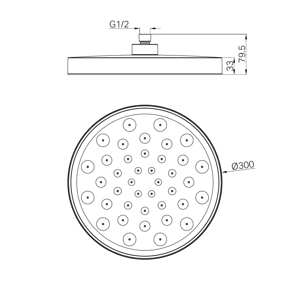 A line drawing of Nero Tapware's Serenity Shower Head Brushed Gold