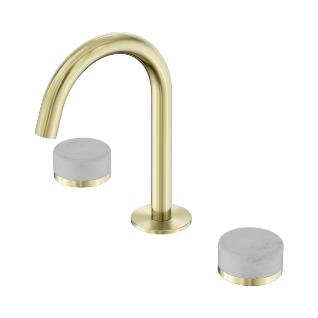 An image of Nero Tapware's Serenity Basin Set Arc Spout With Carrara Handle Brushed Gold