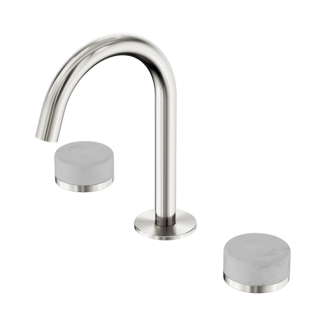 An image of Nero Tapware's Serenity Basin Set Arc Spout With Carrara Handle Brushed Nickel