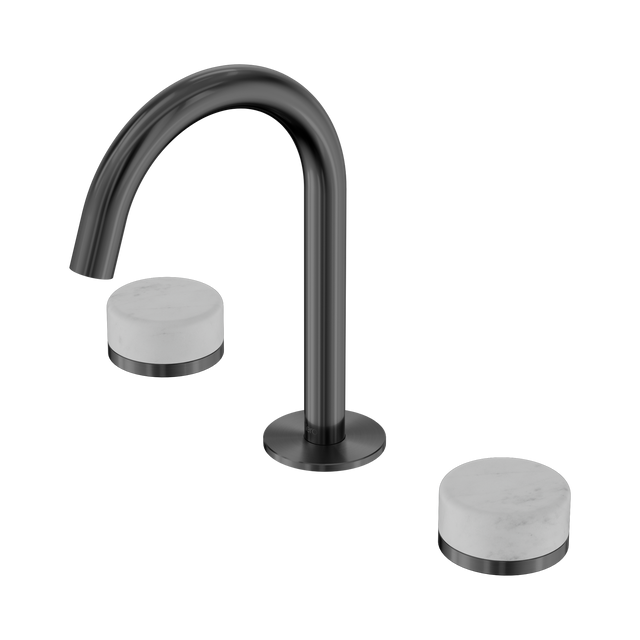 An image of Nero Tapware's Serenity Basin Set Arc Spout With Carrara Handle Gun Metal