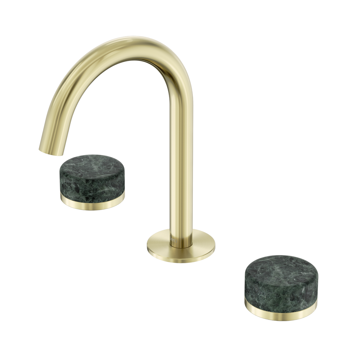 An image of Nero Tapware's Serenity Basin Set Arc Spout With Verde Alpi Handle Brushed Gold