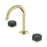An image of Nero Tapware's Serenity Basin Set Arc Spout With Verde Alpi Handle Brushed Gold