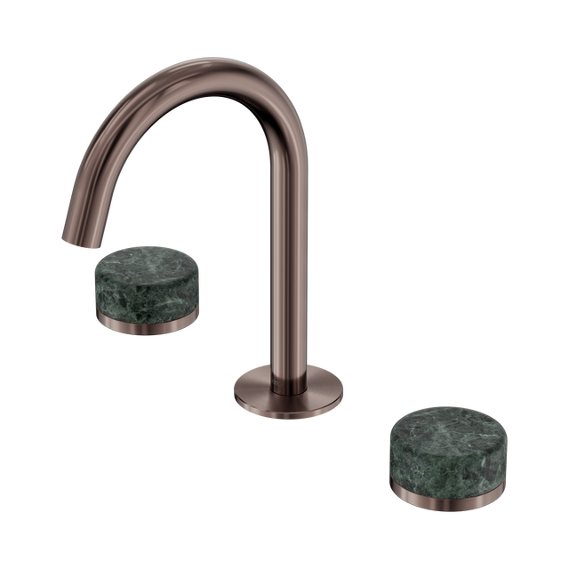 An image of Nero Tapware's Serenity Basin Set Arc Spout With Verde Alpi Handle Brushed Bronze