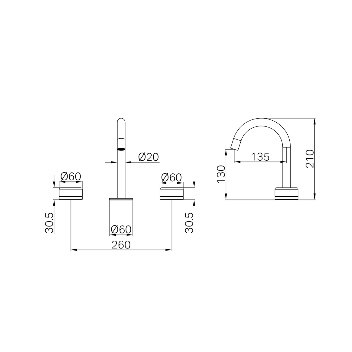 A line drawing of Nero Tapware's Serenity Basin Set Arc Spout With Verde Alpi Handle Chrome