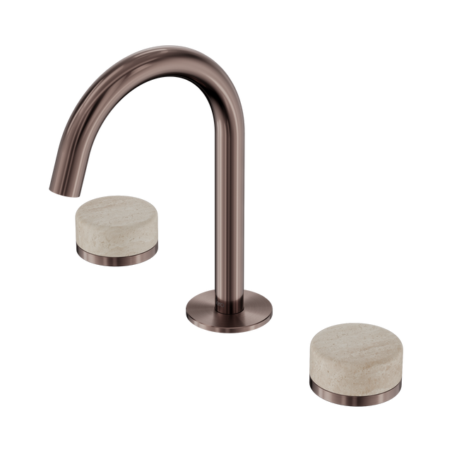 An image of Nero Tapware's Serenity Basin Set Arc Spout With Rome Travertine Handle Brushed Bronze