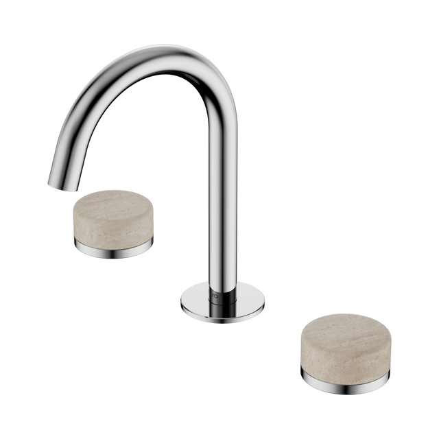 An image of Nero Tapware's Serenity Basin Set Arc Spout With Rome Travertine Handle Chrome