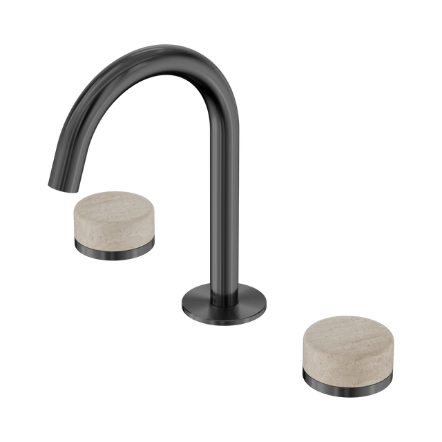 An image of Nero Tapware's Serenity Basin Set Arc Spout With Rome Travertine Handle Gun Metal