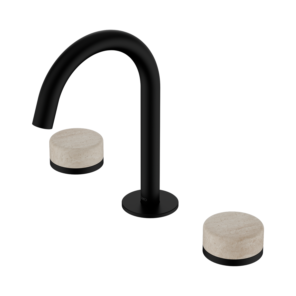 An image of Nero Tapware's Serenity Basin Set Arc Spout With Rome Travertine Handle Matt Black