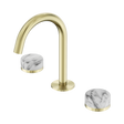 An image of Nero Tapware's Serenity Basin Set Arc Spout With Arabescato Corchia Handle Brushed Gold