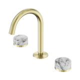 An image of Nero Tapware's Serenity Basin Set Arc Spout With Arabescato Corchia Handle Brushed Gold