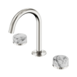 An image of Nero Tapware's Serenity Basin Set Arc Spout With Arabescato Corchia Handle Brushed Nickel