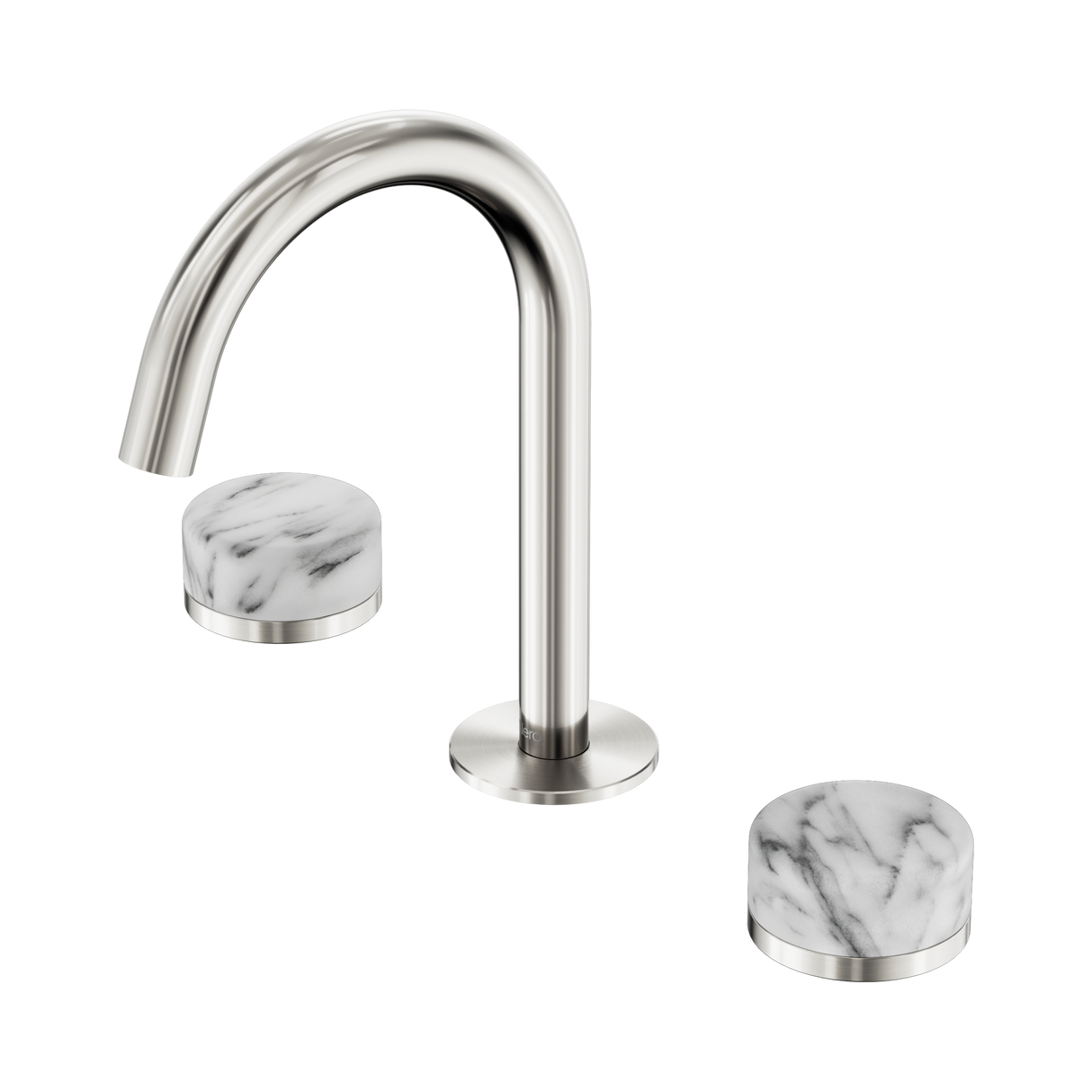 An image of Nero Tapware's Serenity Basin Set Arc Spout With Arabescato Corchia Handle Brushed Nickel