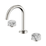 An image of Nero Tapware's Serenity Basin Set Arc Spout With Arabescato Corchia Handle Brushed Nickel