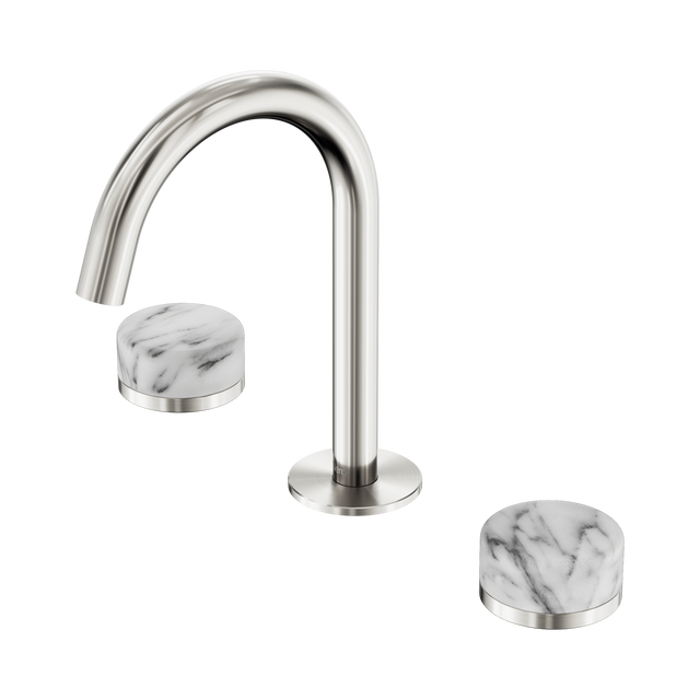 An image of Nero Tapware's Serenity Basin Set Arc Spout With Arabescato Corchia Handle Brushed Nickel