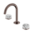 An image of Nero Tapware's Serenity Basin Set Arc Spout With Arabescato Corchia Handle Brushed Bronze