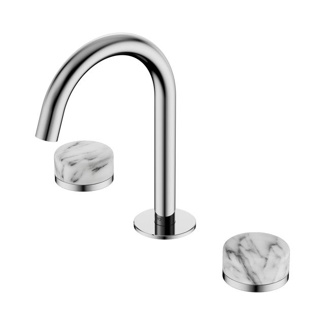 An image of Nero Tapware's Serenity Basin Set Arc Spout With Arabescato Corchia Handle Chrome