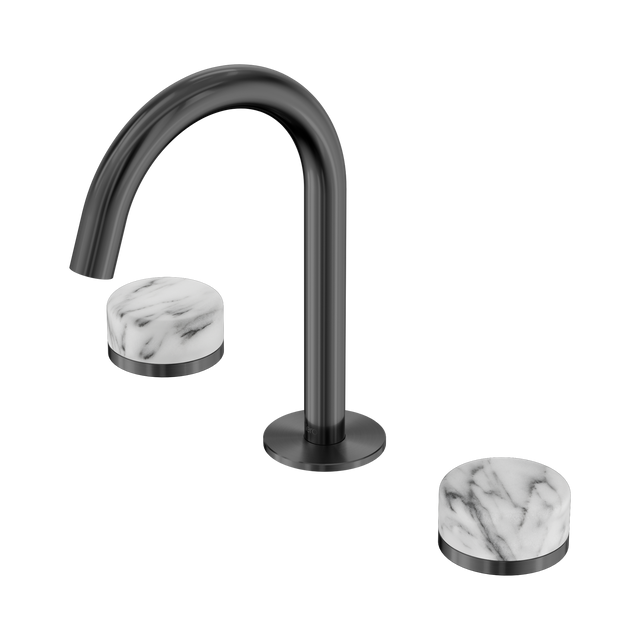 An image of Nero Tapware's Serenity Basin Set Arc Spout With Arabescato Corchia Handle Gun Metal