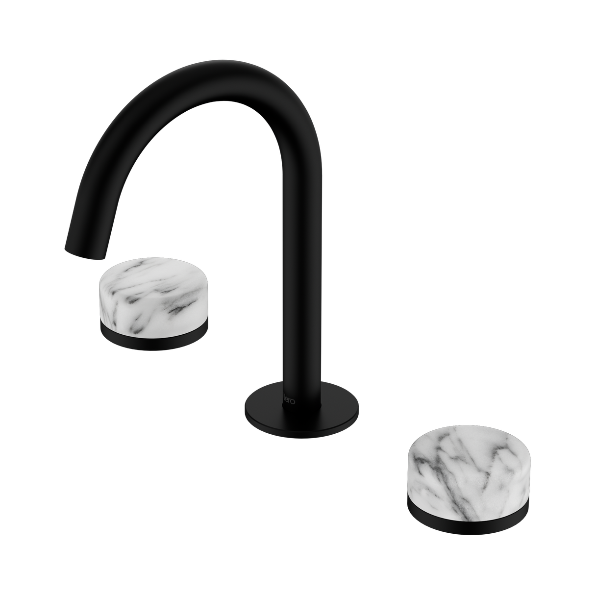 An image of Nero Tapware's Serenity Basin Set Arc Spout With Arabescato Corchia Handle Matt Black