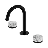 An image of Nero Tapware's Serenity Basin Set Arc Spout With Arabescato Corchia Handle Matt Black