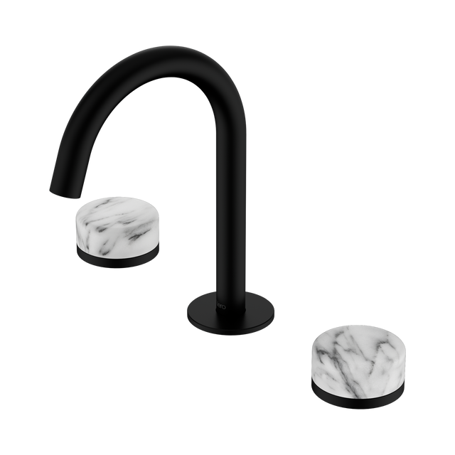 An image of Nero Tapware's Serenity Basin Set Arc Spout With Arabescato Corchia Handle Matt Black