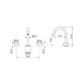 A line drawing of Nero Tapware's Serenity Basin Set Arc Spout With Metal Handle Matt Black