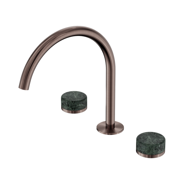 An image of Nero Tapware's Serenity Bath/Kitchen Set Arc Spout With Verde Alpi Handle Brushed Bronze