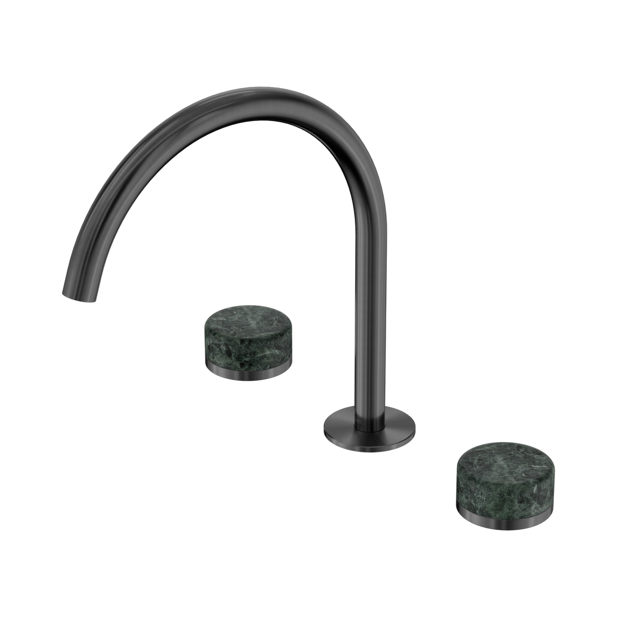 An image of Nero Tapware's Serenity Bath/Kitchen Set Arc Spout With Verde Alpi Handle Gun Metal