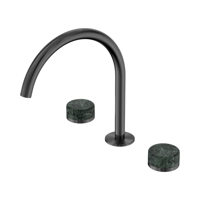 An image of Nero Tapware's Serenity Bath/Kitchen Set Arc Spout With Verde Alpi Handle Gun Metal