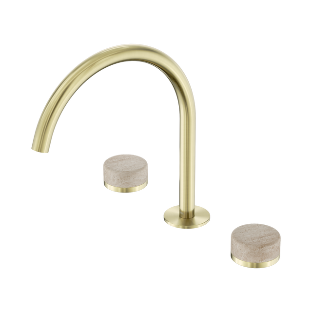An image of Nero Tapware's Serenity Bath/Kitchen Set Arc Spout With Rome Travertine Handle Brushed Gold