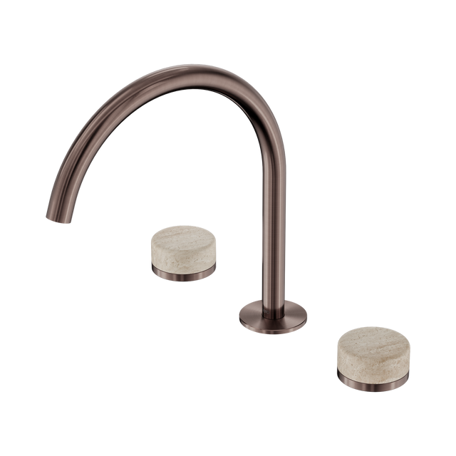 An image of Nero Tapware's Serenity Bath/Kitchen Set Arc Spout With Rome Travertine Handle Brushed Bronze