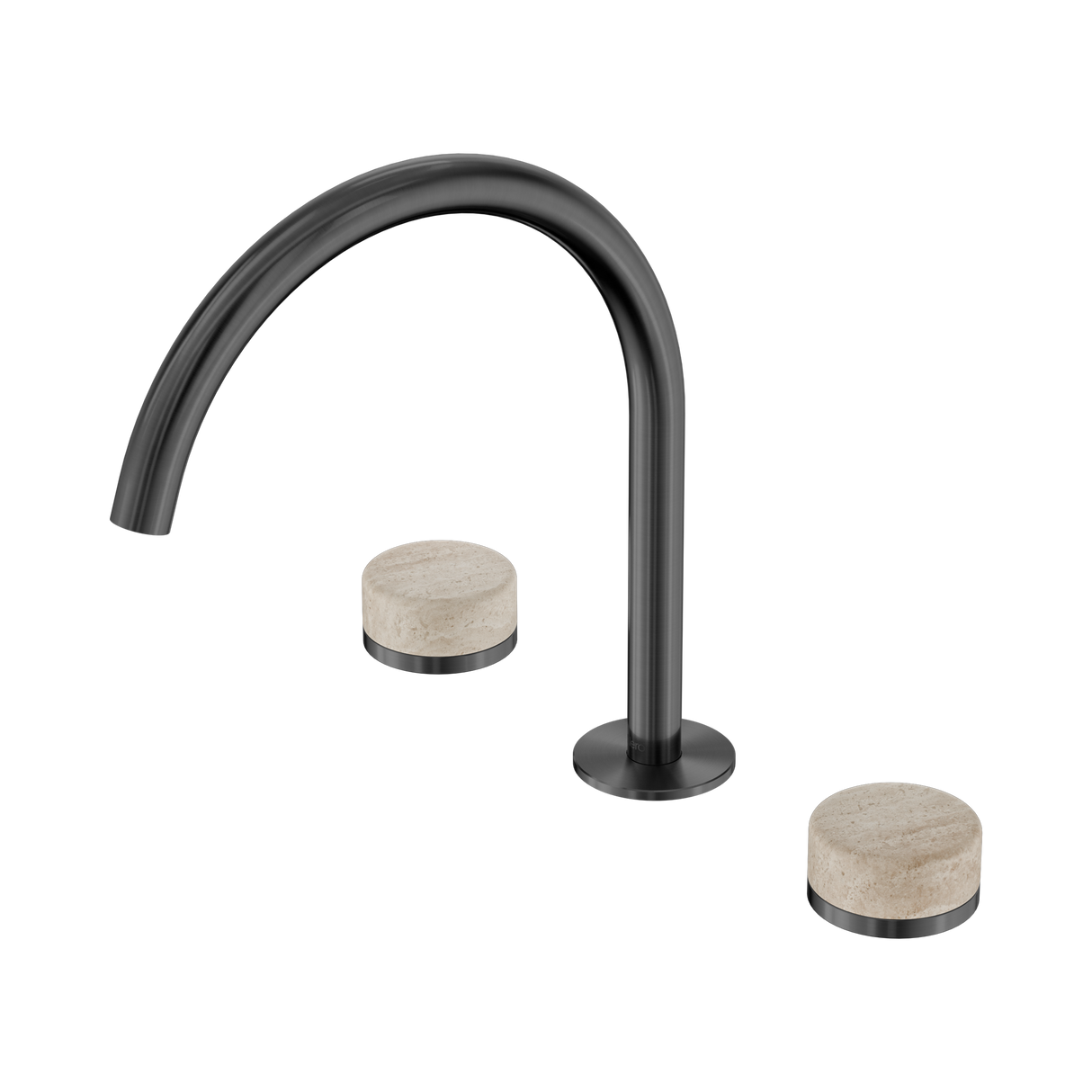 An image of Nero Tapware's Serenity Bath/Kitchen Set Arc Spout With Rome Travertine Handle Gun Metal