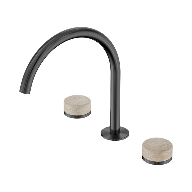 An image of Nero Tapware's Serenity Bath/Kitchen Set Arc Spout With Rome Travertine Handle Gun Metal