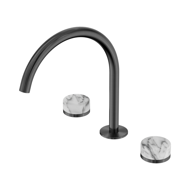An image of Nero Tapware's Serenity Bath/Kitchen Set Arc Spout With Arabescato Corchia Handle Gun Metal