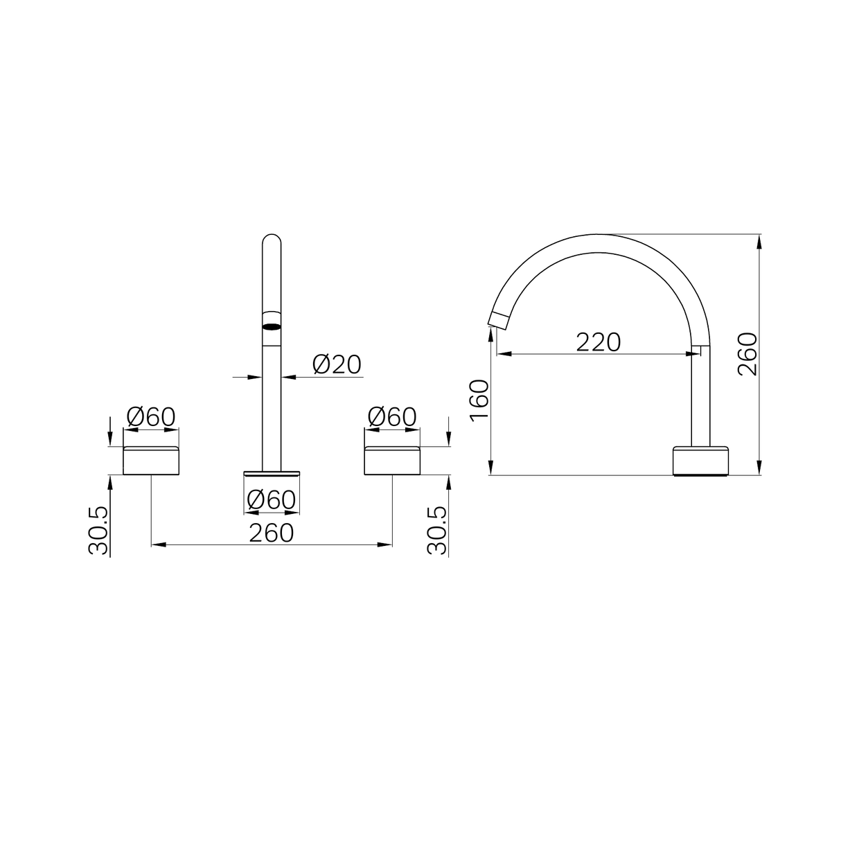 A line drawing of Nero Tapware's Serenity Bath/Kitchen Set Arc Spout With Metal Handle Brushed Gold