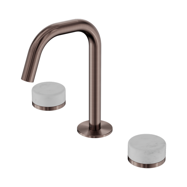 An image of Nero Tapware's Serenity Basin Set Edge Spout With Carrara Handle Brushed Bronze