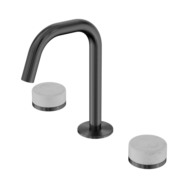 An image of Nero Tapware's Serenity Basin Set Edge Spout With Carrara Handle Gun Metal