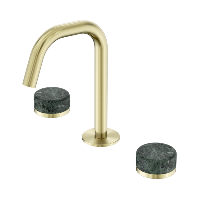 An image of Nero Tapware's Serenity Basin Set Edge Spout With Verde Alpi Handle Brushed Gold