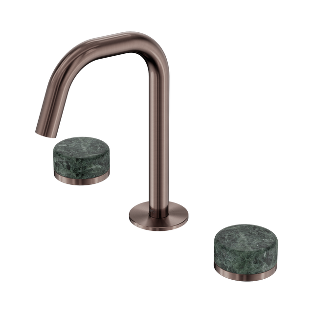 An image of Nero Tapware's Serenity Basin Set Edge Spout With Verde Alpi Handle Brushed Bronze