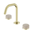 An image of Nero Tapware's Serenity Basin Set Edge Spout With Rome Travertine Handle Brushed Gold
