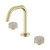 An image of Nero Tapware's Serenity Basin Set Edge Spout With Rome Travertine Handle Brushed Gold