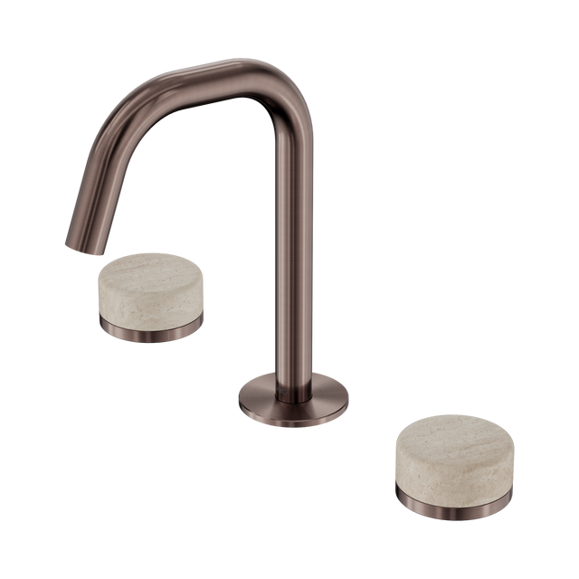 An image of Nero Tapware's Serenity Basin Set Edge Spout With Rome Travertine Handle Brushed Bronze