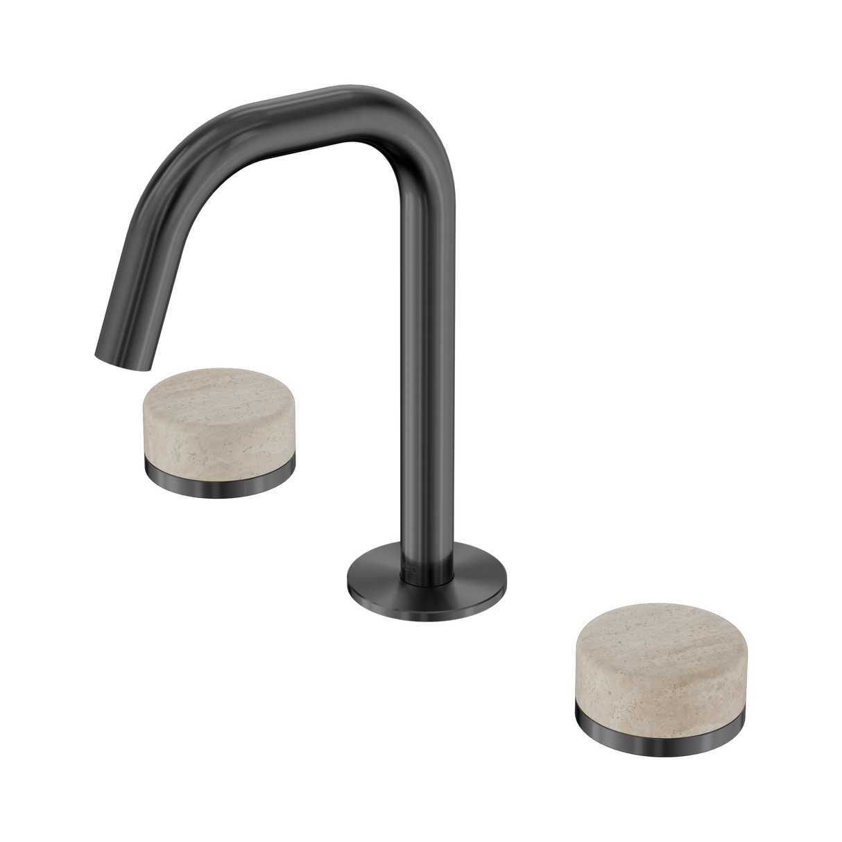 An image of Nero Tapware's Serenity Basin Set Edge Spout With Rome Travertine Handle Gun Metal