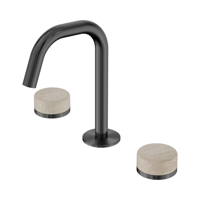 An image of Nero Tapware's Serenity Basin Set Edge Spout With Rome Travertine Handle Gun Metal